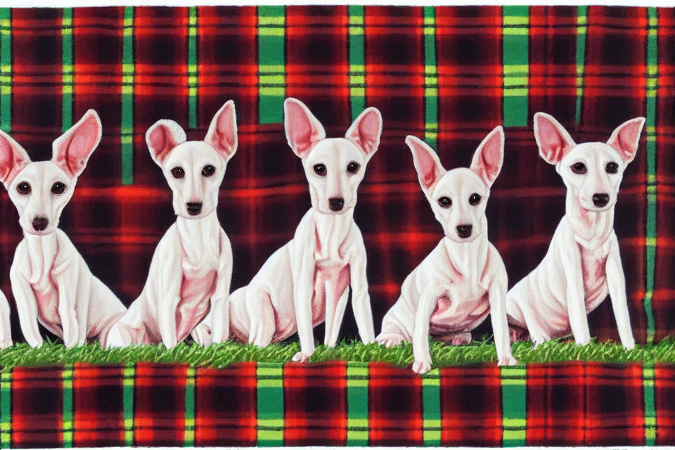 Five White Dogs Sitting in a Row on Red Tartan Background