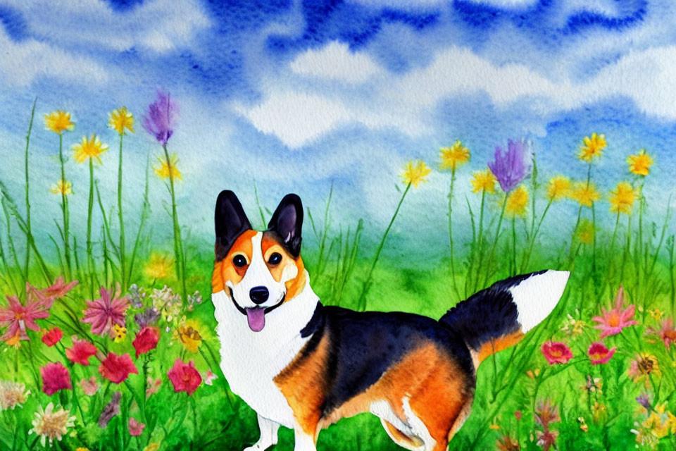 Colorful Watercolor Painting of Tricolor Corgi in Meadow