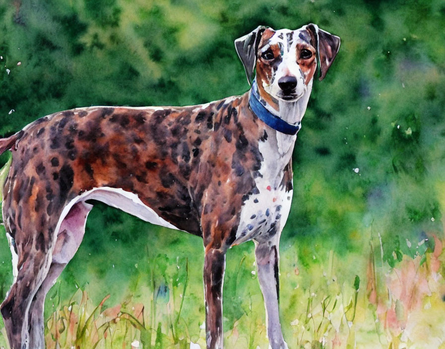 Speckled Brown and White Dog in Green Field Painting