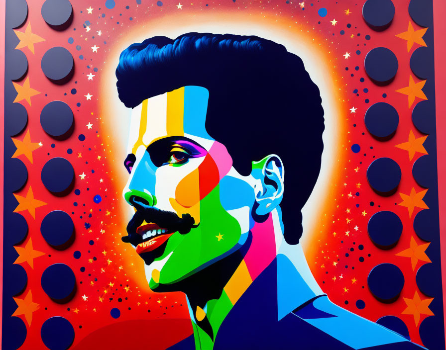 Vibrant pop art portrait of a man with mustache in cosmic setting