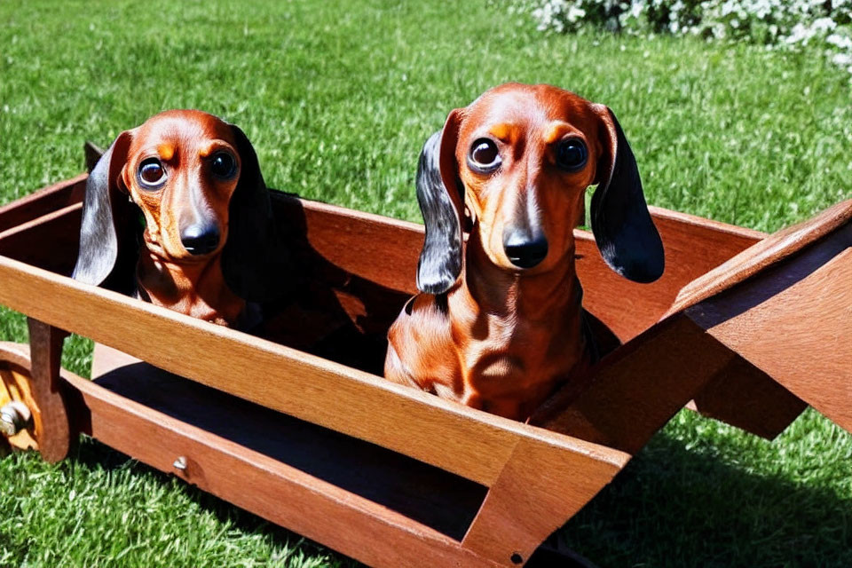 Two Brown Dachshunds in Wooden Wagon on Green Lawn with White Flowers