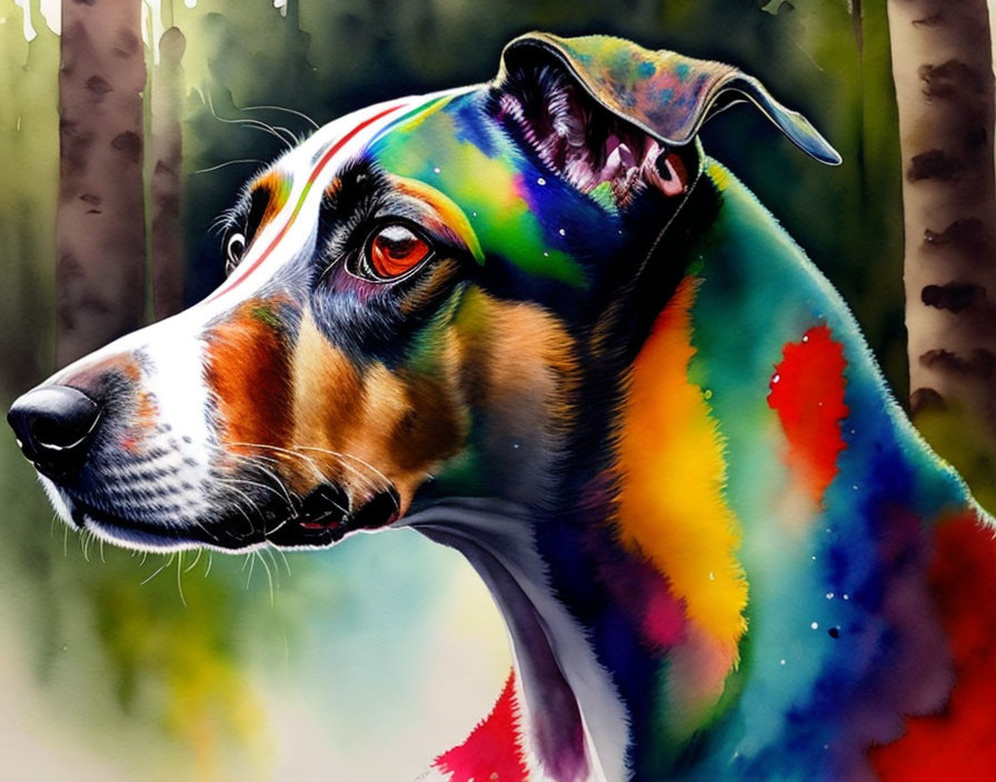 Colorful Watercolor Painting of Dog with Rainbow Spectrum