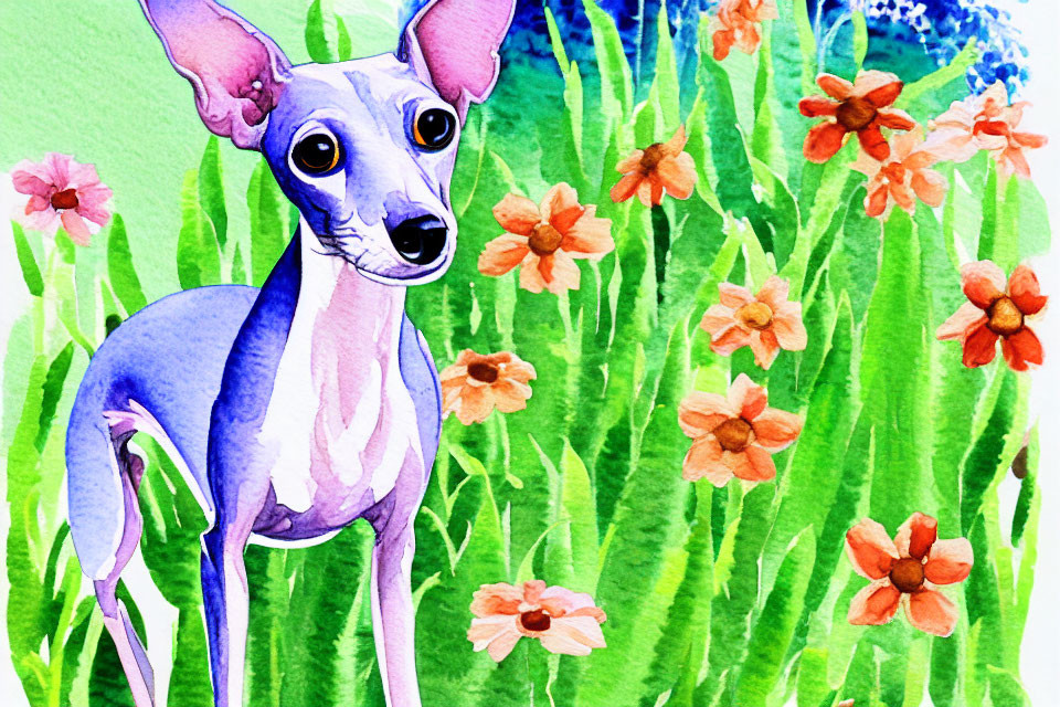 Vibrant watercolor: Italian Greyhound in nature