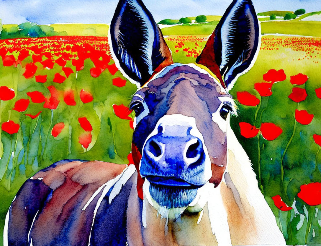 Vibrant watercolor painting: donkey head with red poppies.