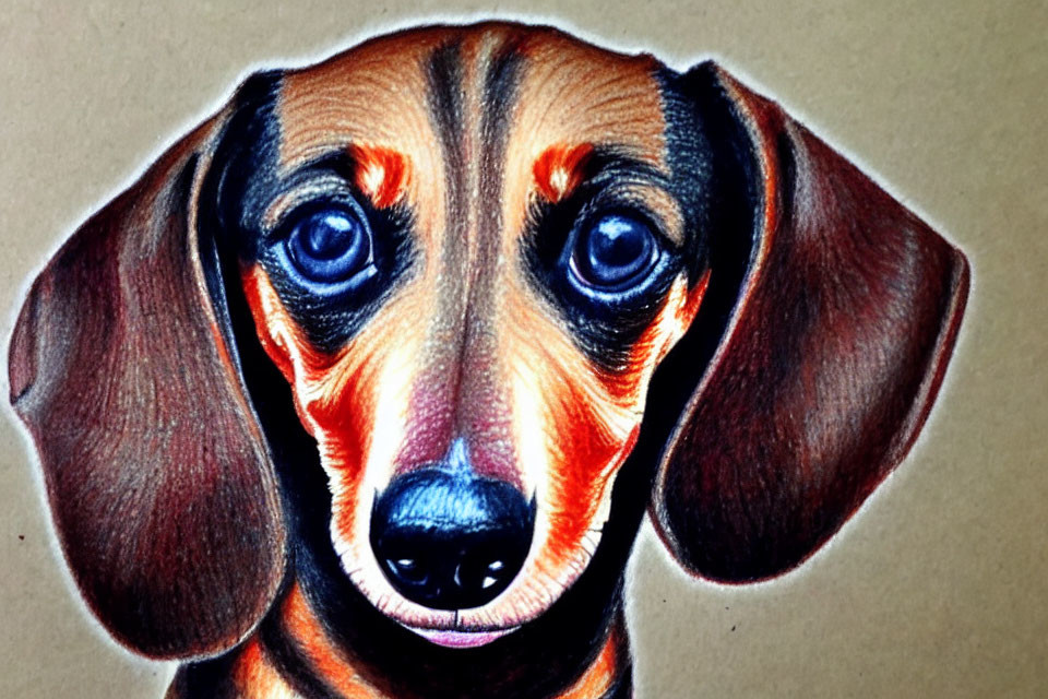 Vibrant dachshund drawing with expressive eyes on textured background