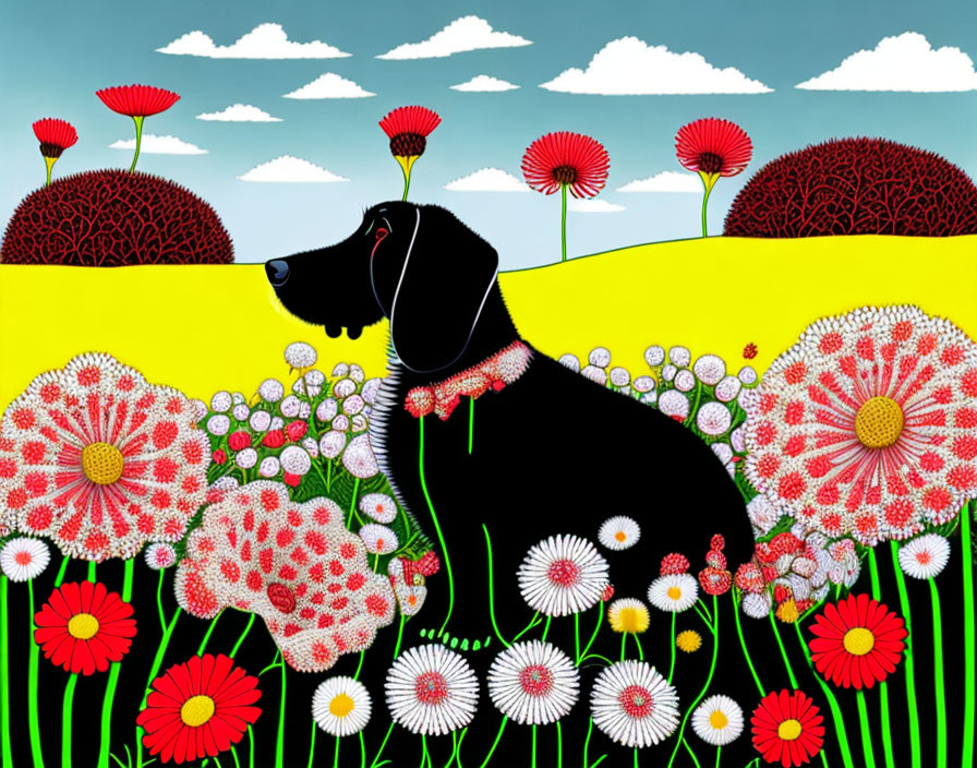 Stylized black dog surrounded by vibrant flowers and whimsical landscape