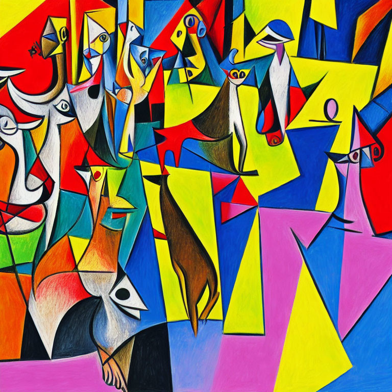 Colorful Abstract Painting: Geometric Shapes & Stylized Figures
