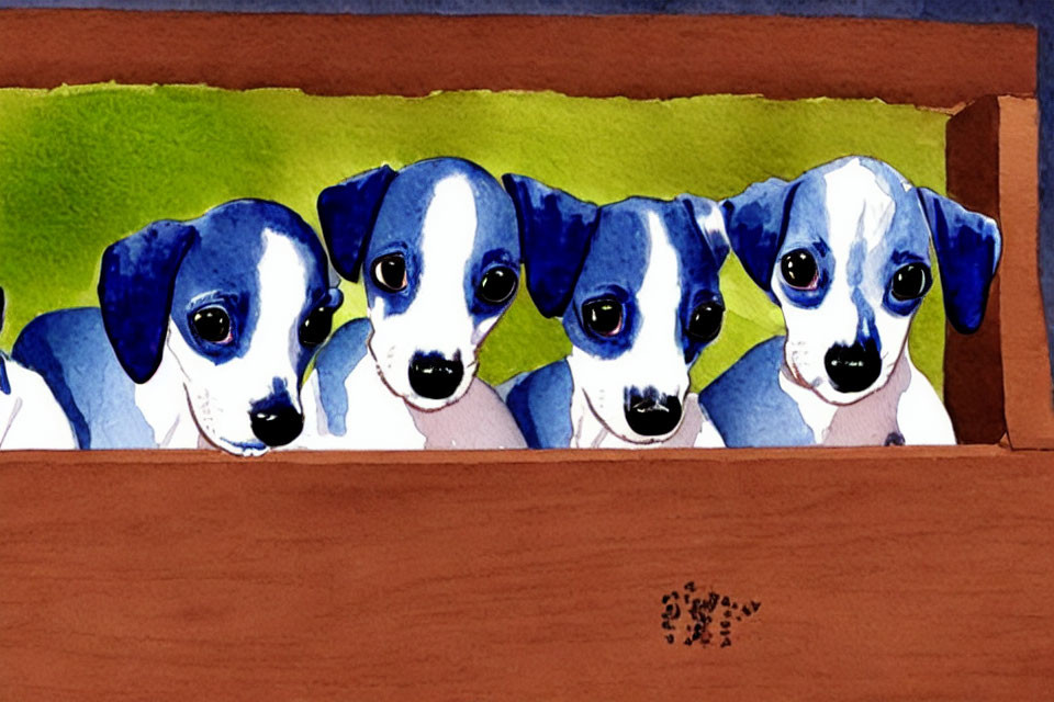 Four Cute Puppies Watercolor Painting in Brown Box