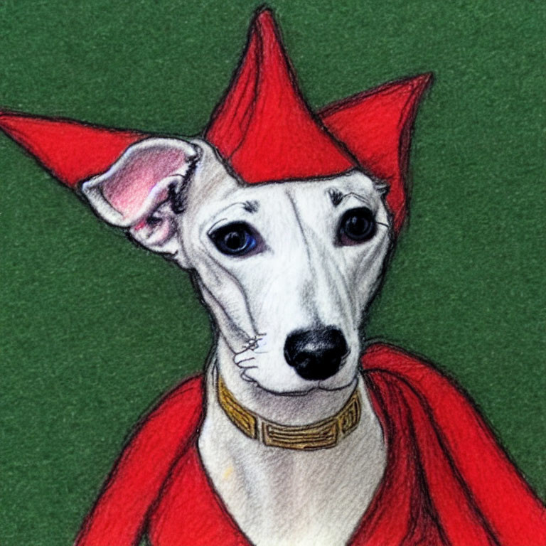 White Dog with Red Hat and Collar on Green Background