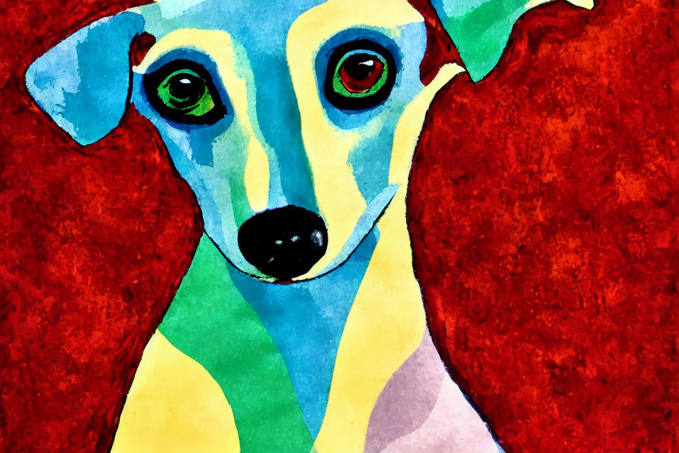 Vibrant abstract painting featuring whimsical dog with expressive eyes on red background