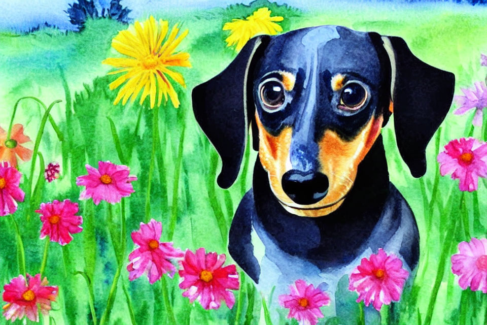 Colorful Flowers Surrounding Black and Tan Dachshund in Watercolor