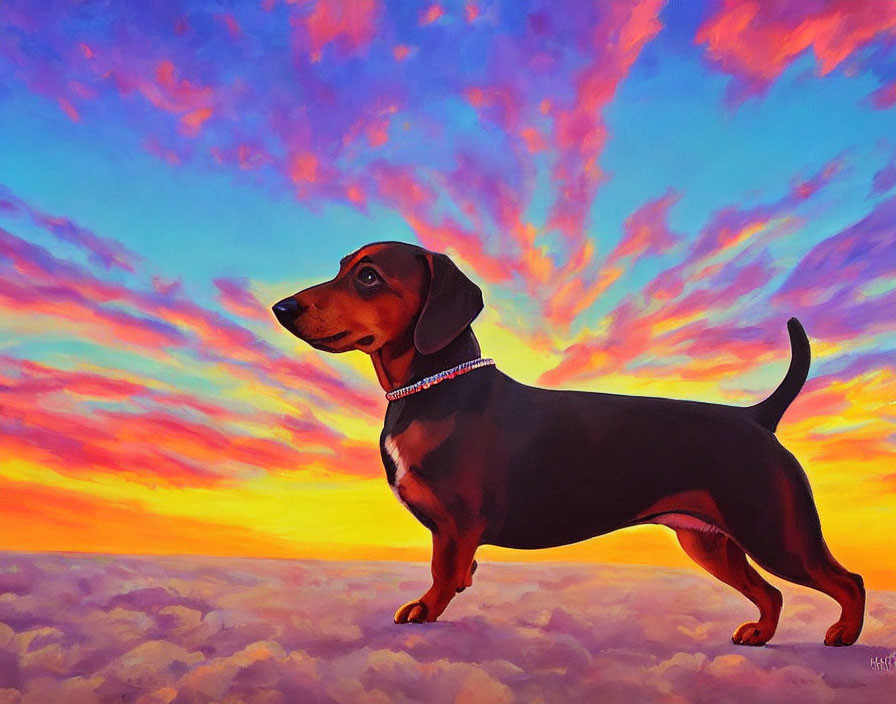 Dachshund in Sunrise Sky with Pink, Orange, and Blue Hues