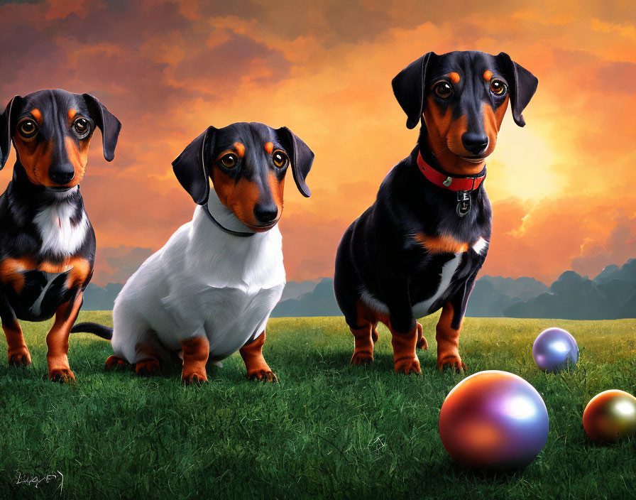 Three Dachshunds on Grass Field with Colorful Spheres at Sunset
