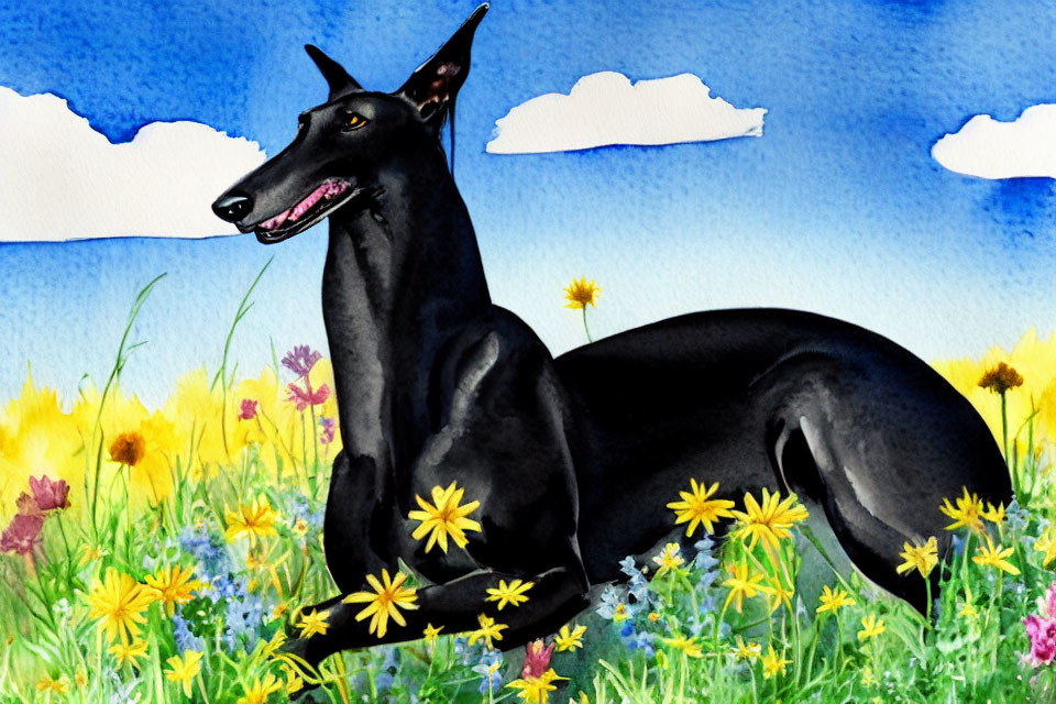 Colorful Watercolor Illustration: Black Greyhound in Meadow with Flowers