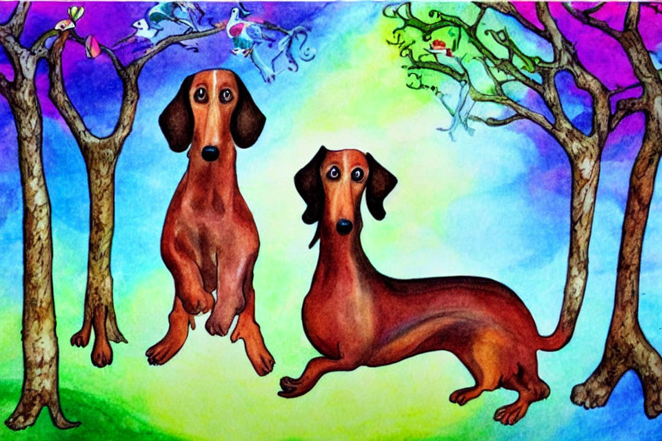 Colorful Cartoon Dachshunds in Whimsical Forest Scene