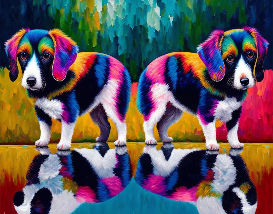 Colorful painting of two dogs with multicolor coat standing together on glossy surface