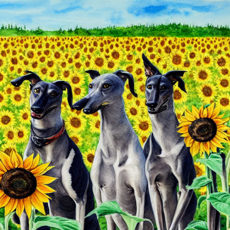 Three Greyhound Dogs in Sunflower Field Landscape