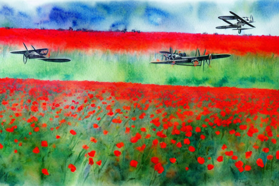 Vintage airplanes flying over vibrant field of red poppies in watercolor