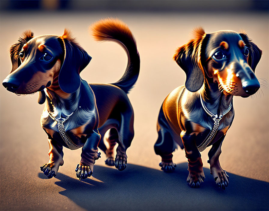 Stylized digital art of dachshund dogs with exaggerated features