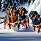 Three Dachshund Dogs Running in Snowy Landscape