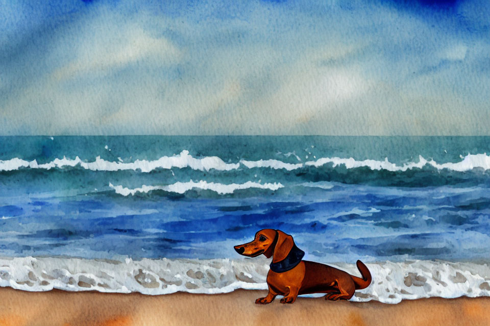 Dachshund on Sandy Beach with Waves in Watercolor