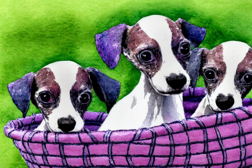 Three Spotted Puppies in Purple Basket on Green Background