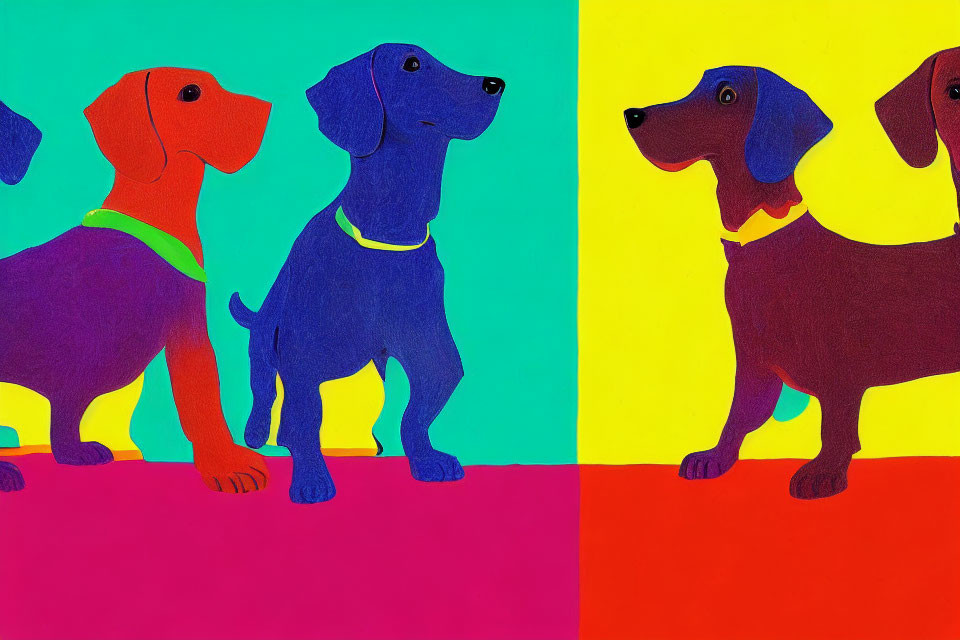 Vibrant Cartoon Dogs with Collars on Colorful Backgrounds