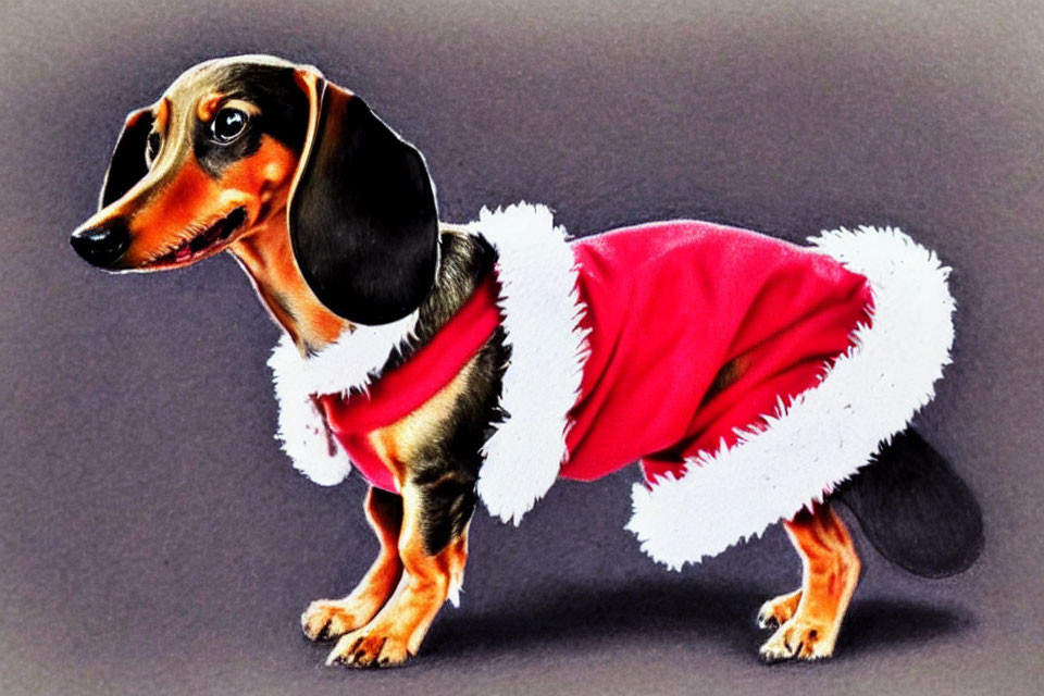 Dachshund Dog in Red Santa Coat on Grey Background