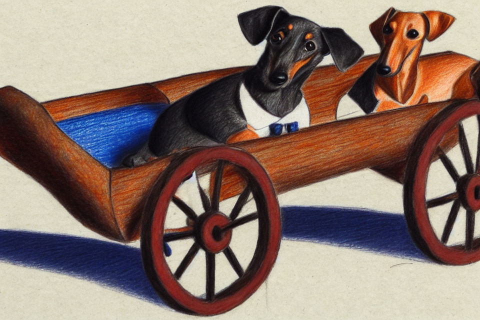 Two dogs in black and tan colors sitting in a wooden cart with red wheels, casting a blue shadow