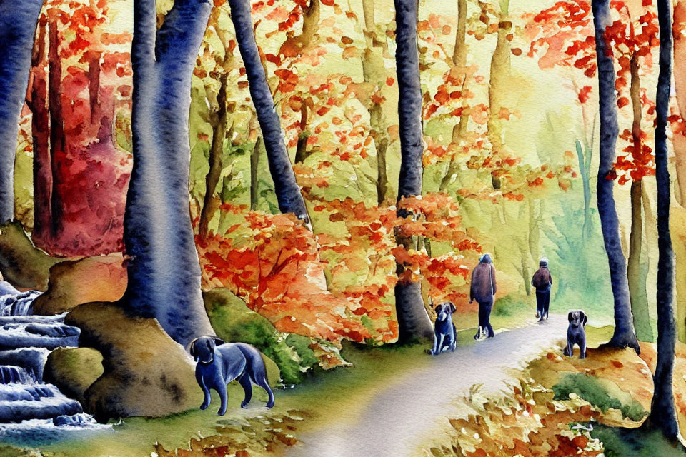 Vibrant autumn forest scene with people walking dogs