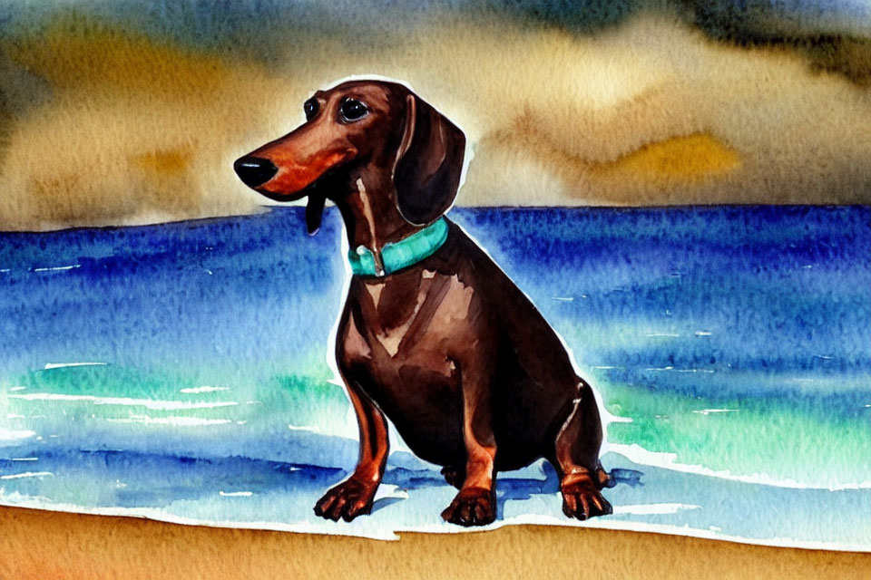 Watercolor painting of dachshund with blue collar near water at sunset.