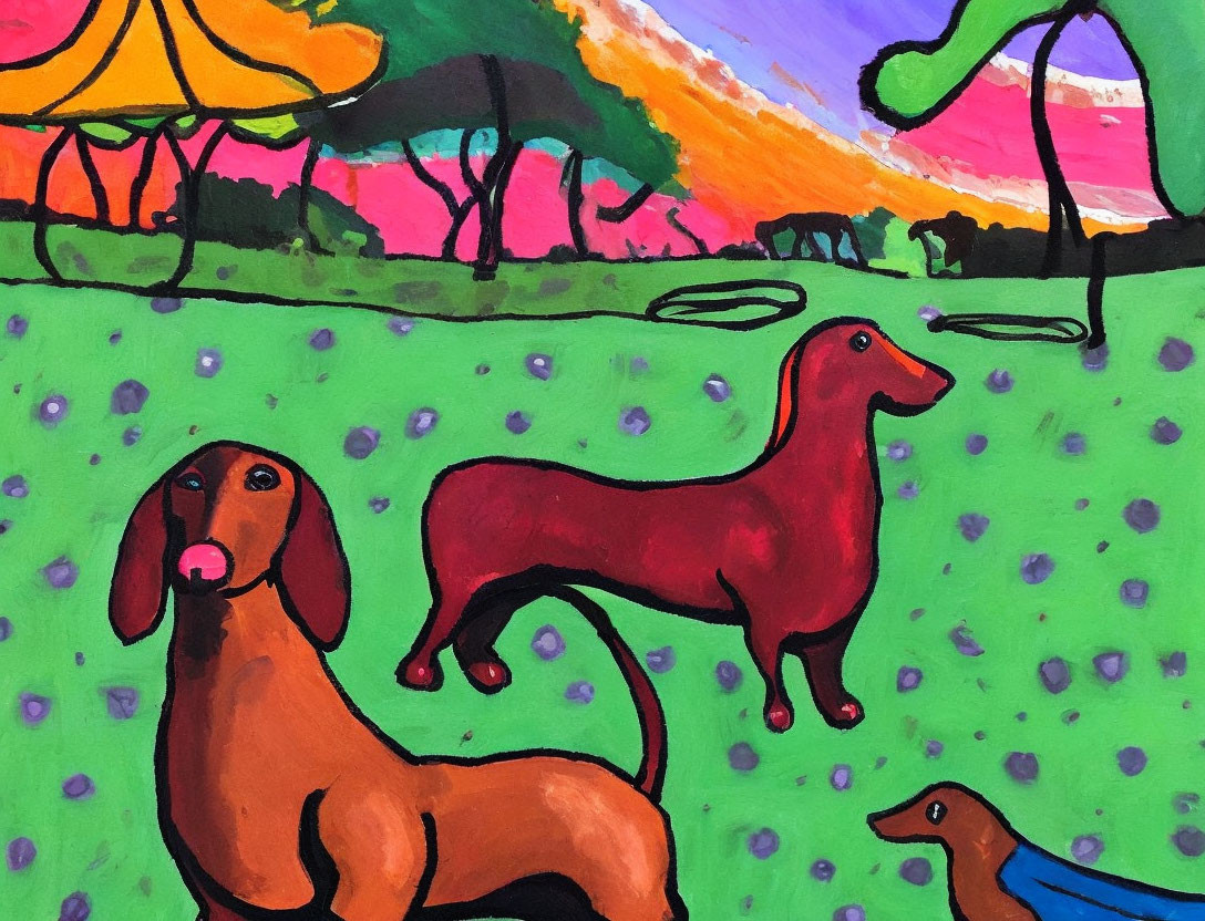 Vibrant Painting of Stylized Dachshunds in Nature