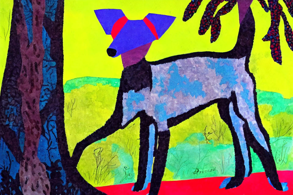 Colorful abstract painting of a dog under vibrant trees on a red path