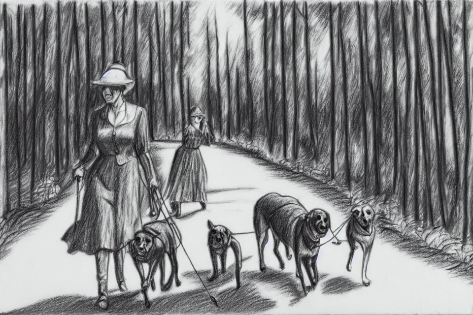 Detailed pencil sketch of two women in vintage dresses walking three large dogs on a shaded path through a densely