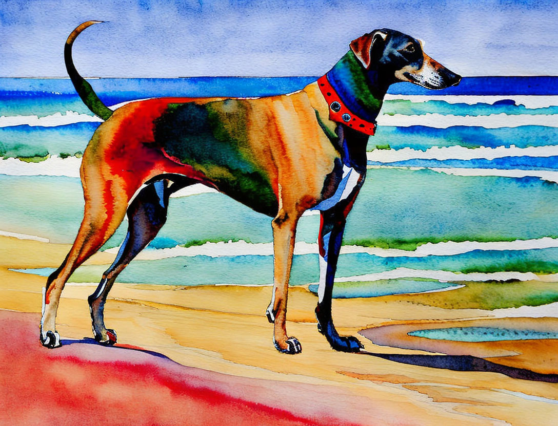 Vibrant watercolor painting of lean dog on sandy beach