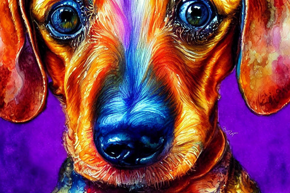 Colorful Watercolor Painting of Dachshund with Expressive Eyes