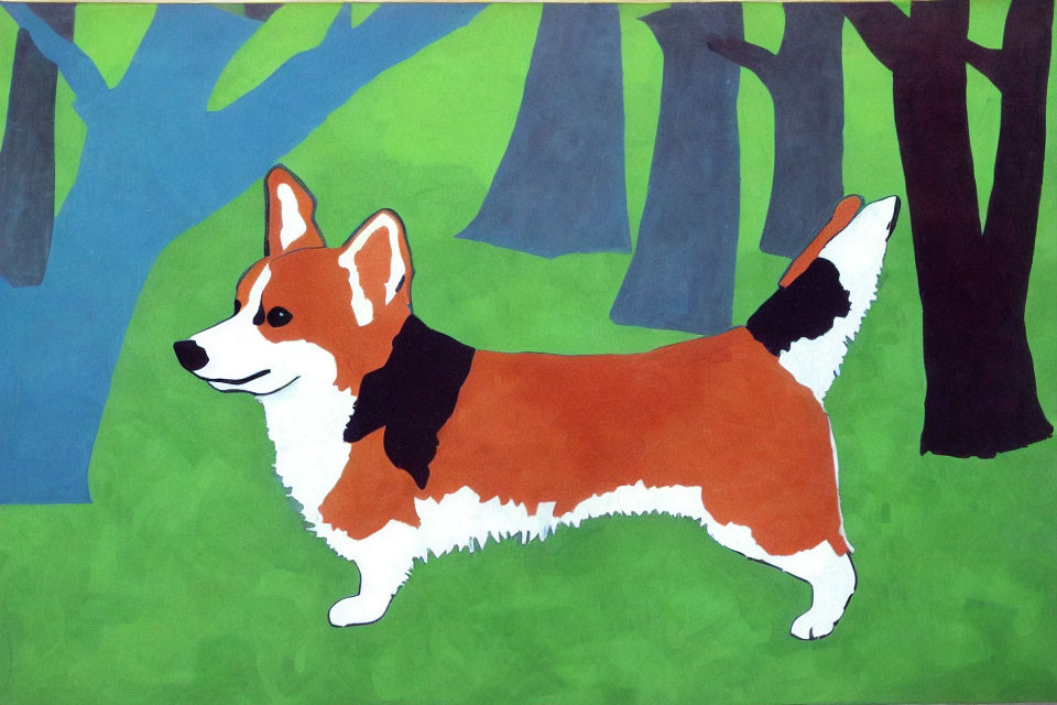 Colorful Corgi Dog Painting in Park Setting with Trees and Sky