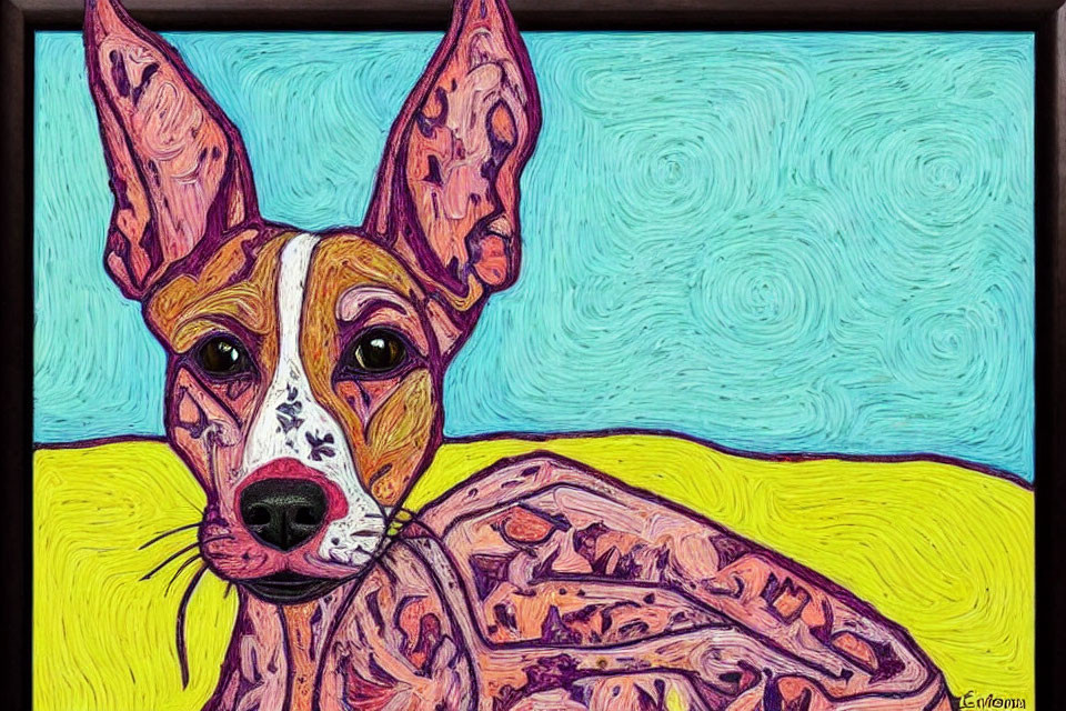 Colorful painting of a dog with expressive eyes and prominent ears against a Starry Night backdrop