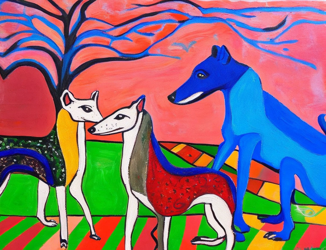 Vibrant painting featuring three stylized dogs, tree, pink sky, and checkered ground