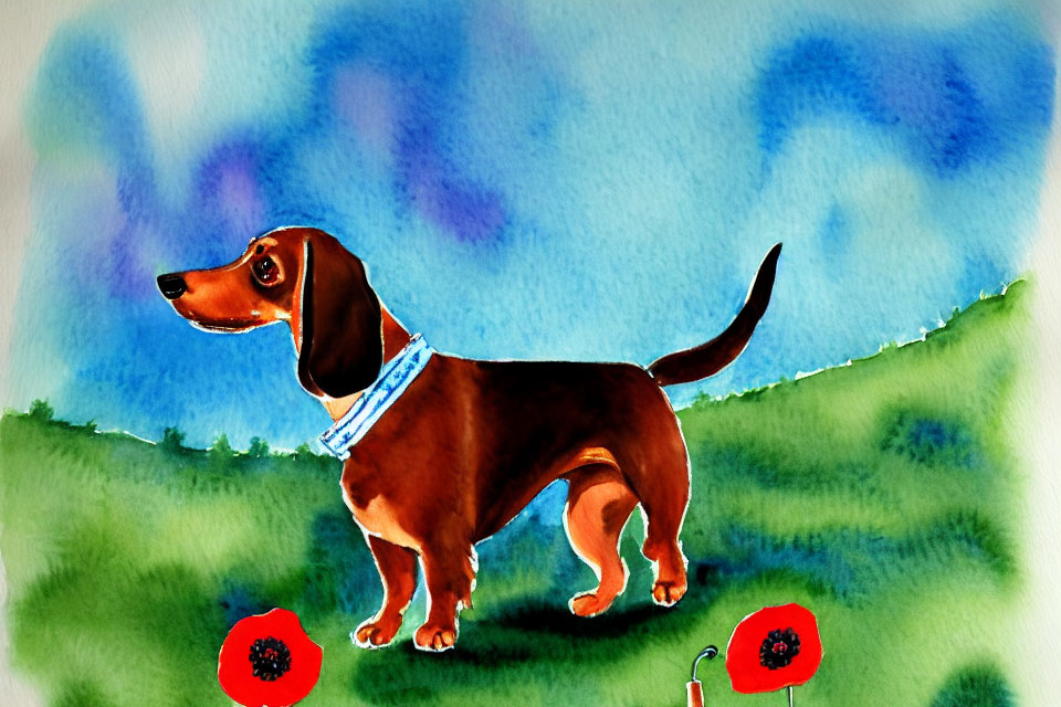 Brown Dachshund Watercolor Painting with Blue Collar on Grass