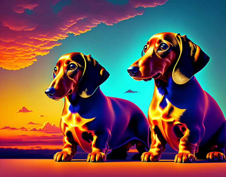 Colorful Dachshunds in Psychedelic Sunset Sky