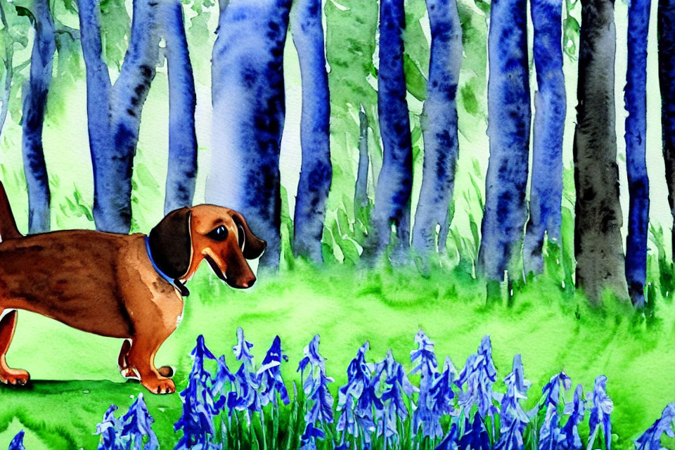 Brown Dachshund in Bluebells with Forest Background