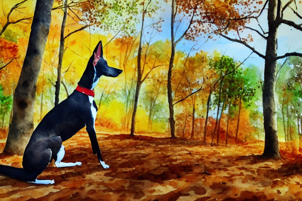 Black and White Dog with Red Collar in Colorful Autumn Forest