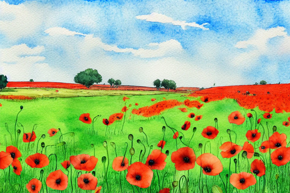 Colorful watercolor painting of poppy field under blue sky
