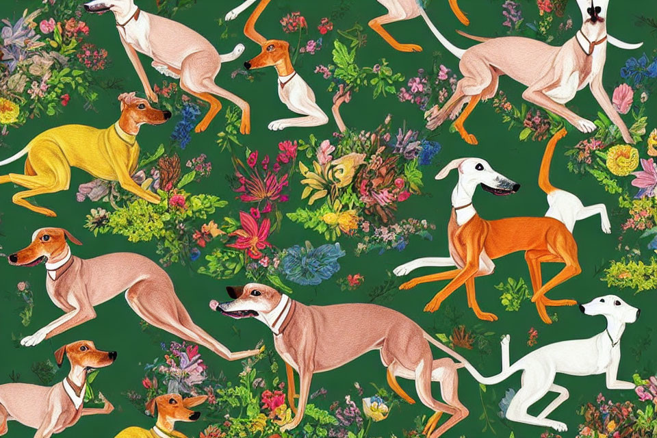 Colorful Greyhound Illustration with Floral Patterns on Green Background