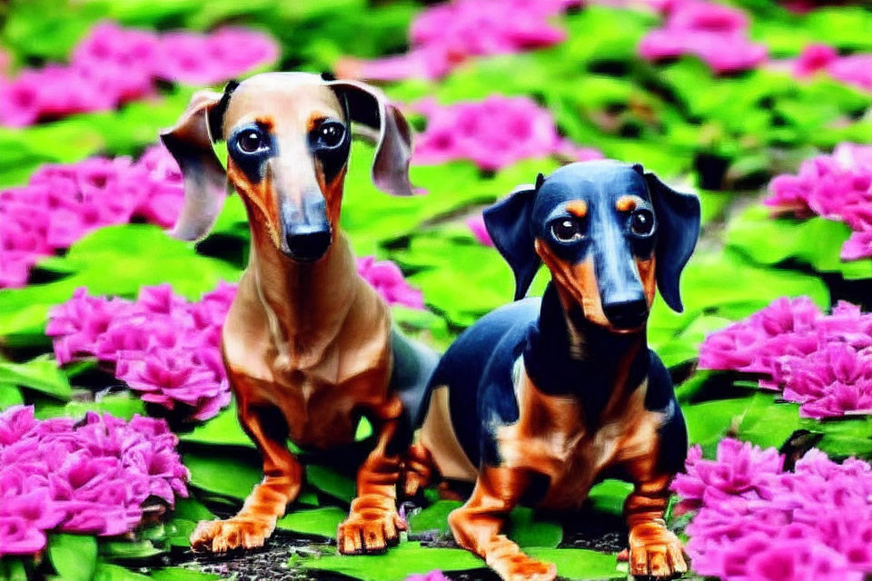 Two Dachshund Dogs Sitting Amongst Bright Pink Flowers on Lush Green Lawn