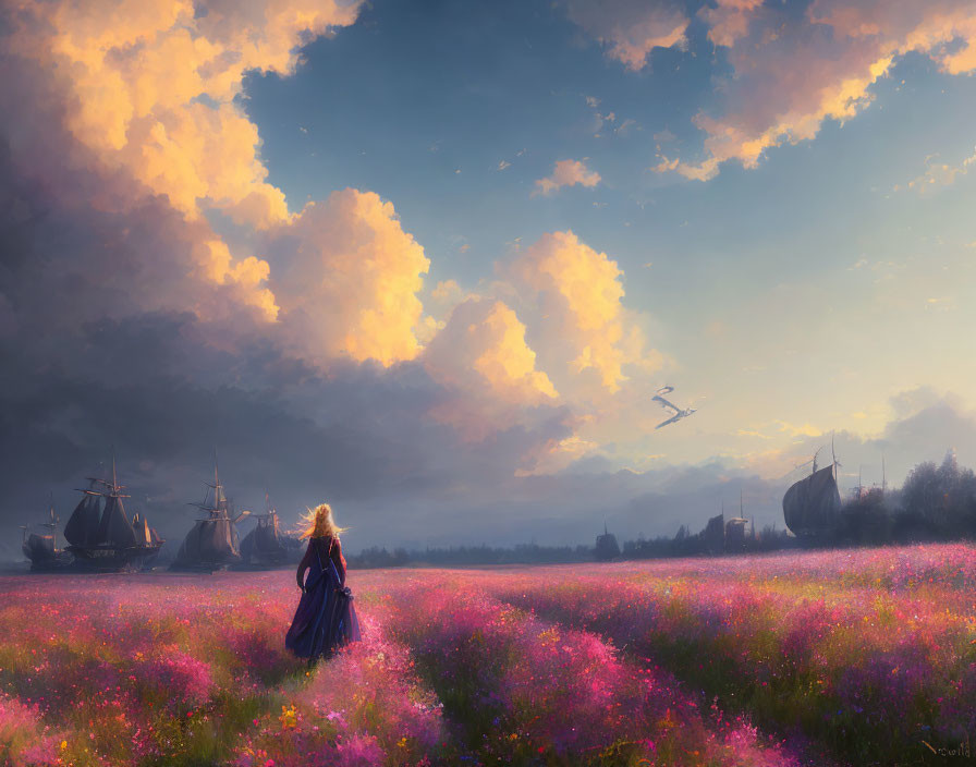 Woman in Blue Dress in Purple Flower Field with Ships and Bird in Sunset Sky