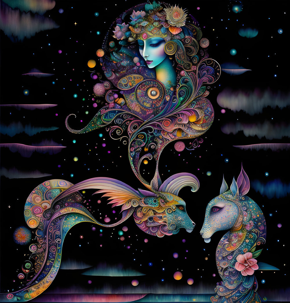 Colorful cosmic woman with peacock motif and mythical creature illustration