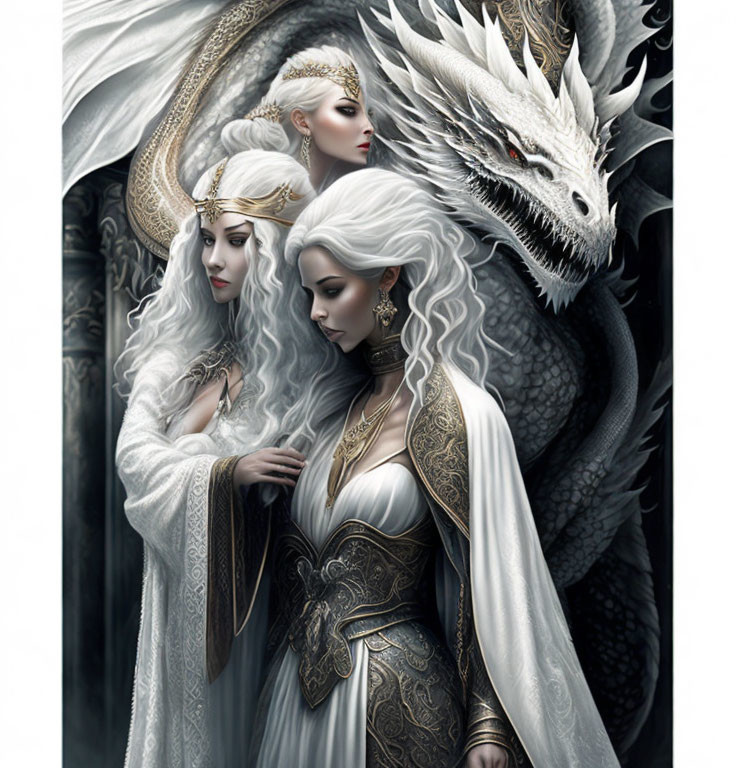 Medieval-themed image: Three women and white dragon