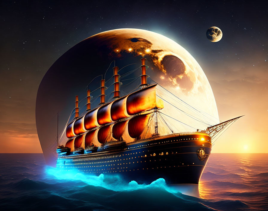 Fantasy sailship on ocean waves with giant moon, smaller moon, and sunset sky